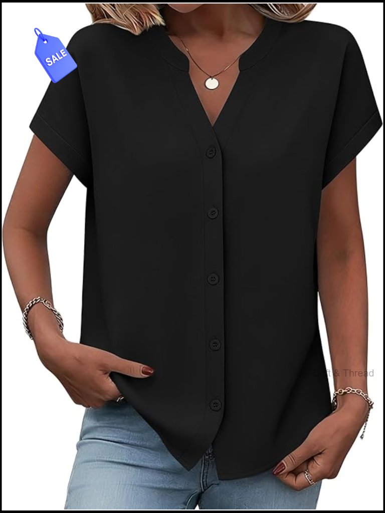 Short Sleeve Button Down Shirt Women V Neck Blouses Business Casual Tops